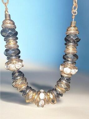 Vintage Gold and Black Beaded Statement Necklace with Crystal Accents
